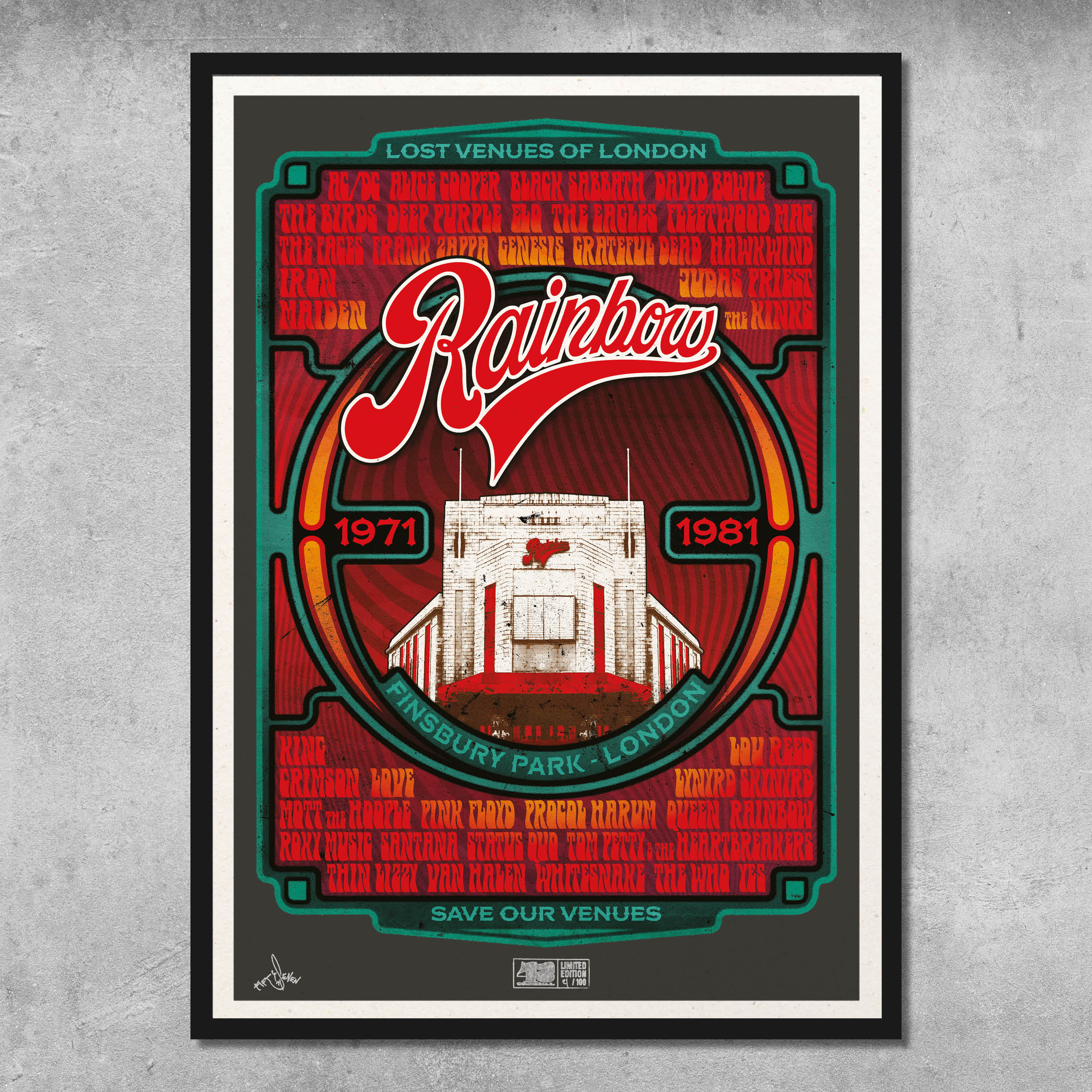 Rainbow Rock Poster Print – Limited Edition of Only 100 from My Store features a stylized Rainbow Theatre illustration, celebrates legendary Reggae bands (1971–1981), with band names and Save Our Venues in the background.