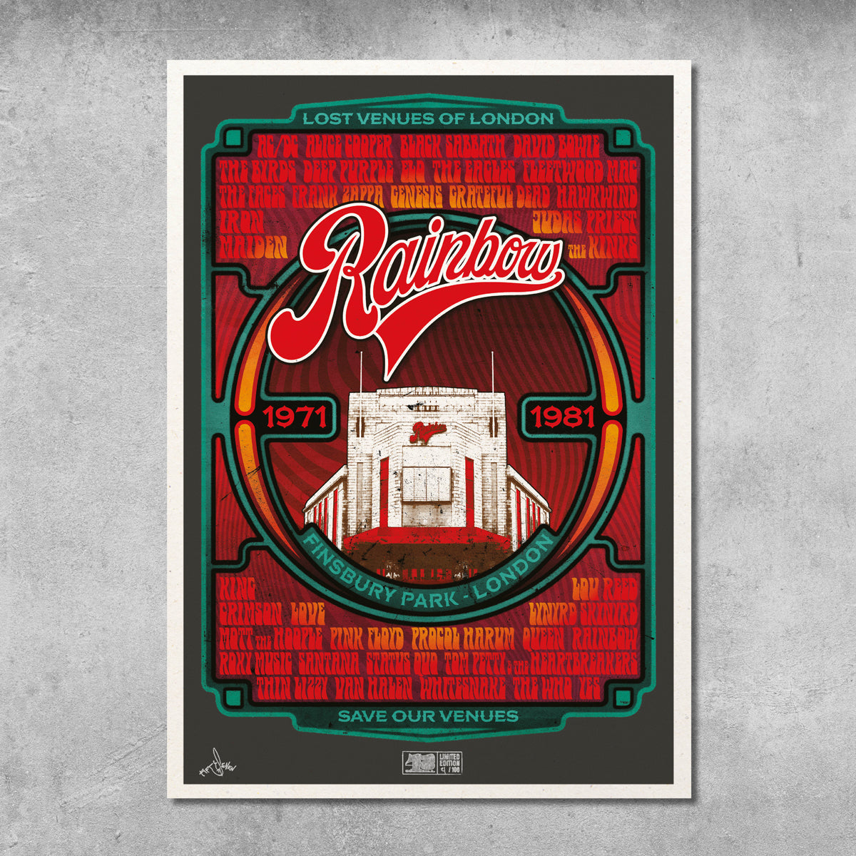 The Rainbow Rock Poster Print – Limited Edition Of Only 100 by My Store features “Rainbow” above the Rainbow Theatre illustration with 1971–1981 dates, celebrating legendary Reggae bands at Finsbury Park, London. Save Our Venues.