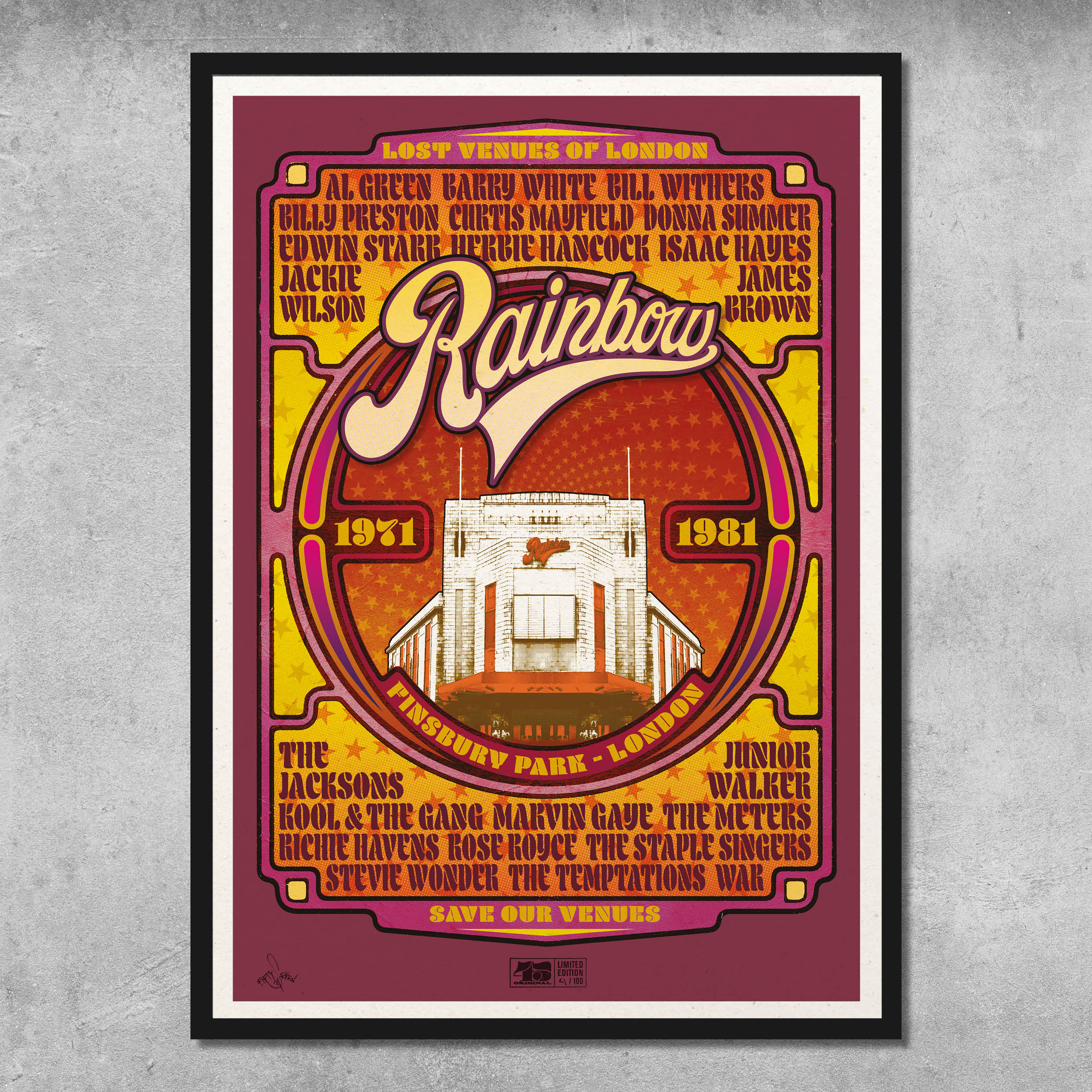 The Rainbow Soul Poster Print by My Store is a limited edition of only 100, featuring the Rainbow Theatre entrance, famous performers, and “Lost Venues of London: Rainbow Soul Retrospective 1939–1981,” set on a retro red and yellow background.