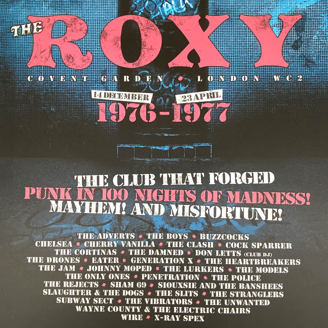 The Roxy Club Poster Print (Limited Edition of Only 100) by My Store features bold red text marking its legendary London run (Dec 76–Apr 77), hailing it as the club that forged punk, with classic band names in white on a dark background.